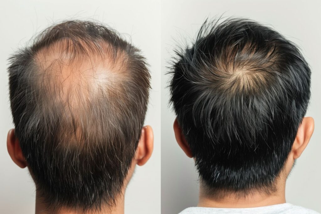 Before-and-after image showing reduced hair thinning and improved density after treatment